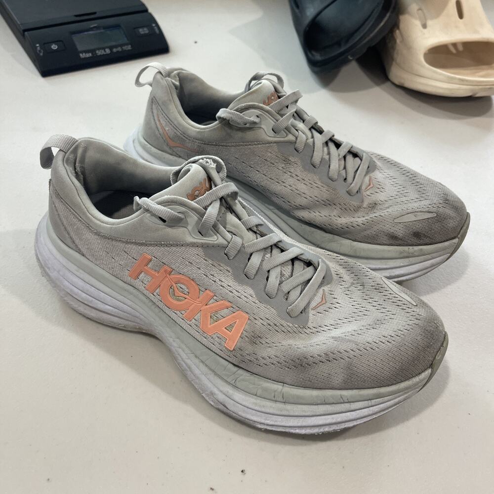 Hoka One One Running Shoes Women Size 8 D Wide Grey Peach